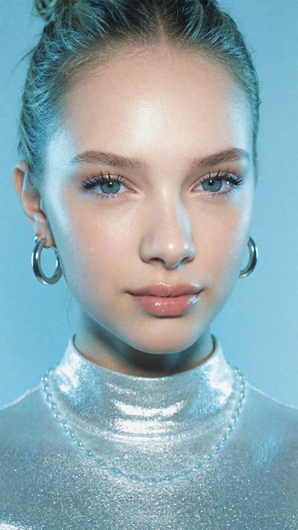 Close-up of a clearly adult synthetic creator under cool cyan light
