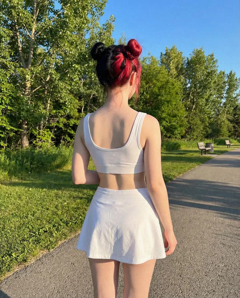 The same clearly adult synthetic persona photographed from behind outdoors