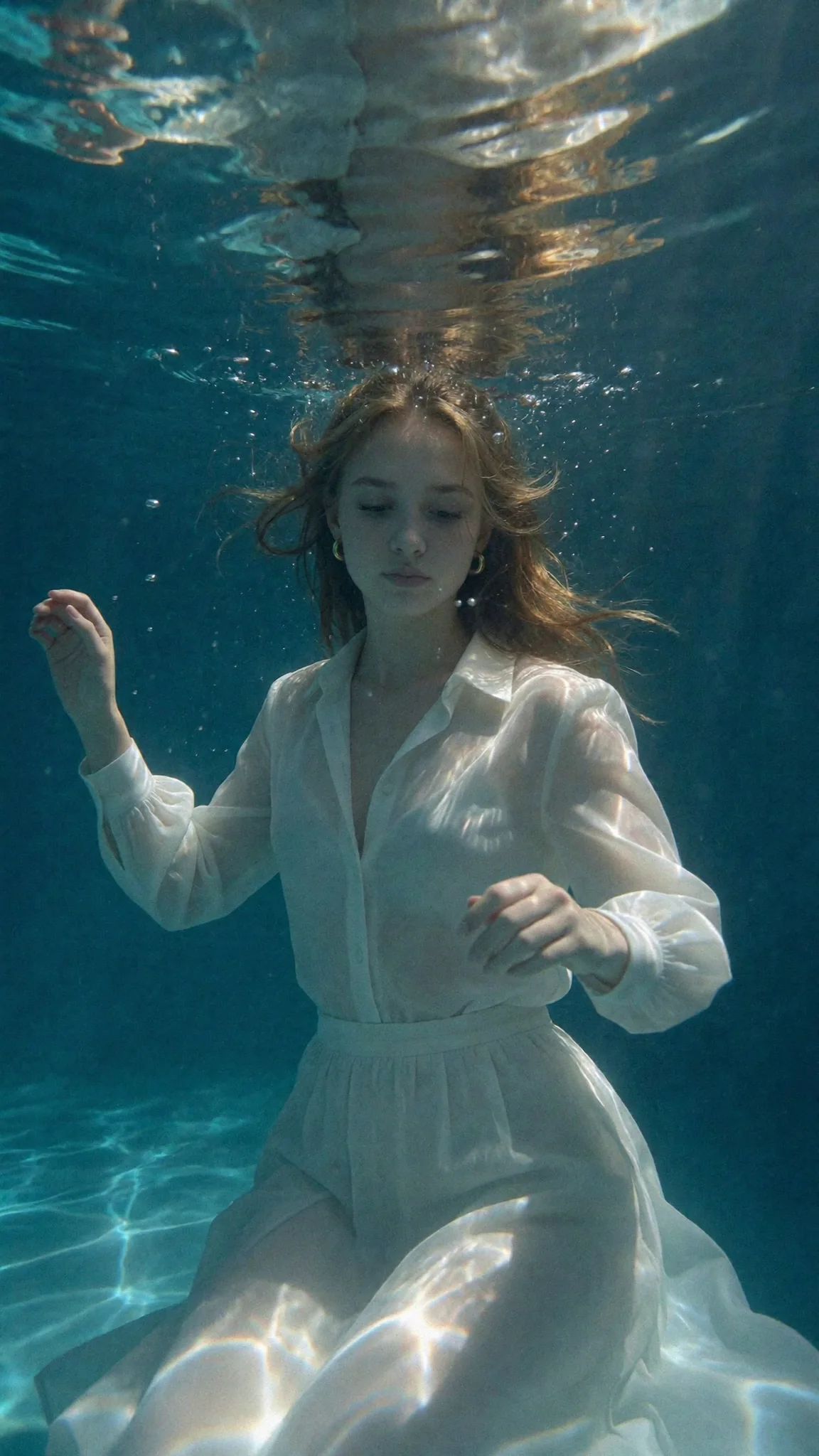 Synthetic creator floating underwater in a white outfit