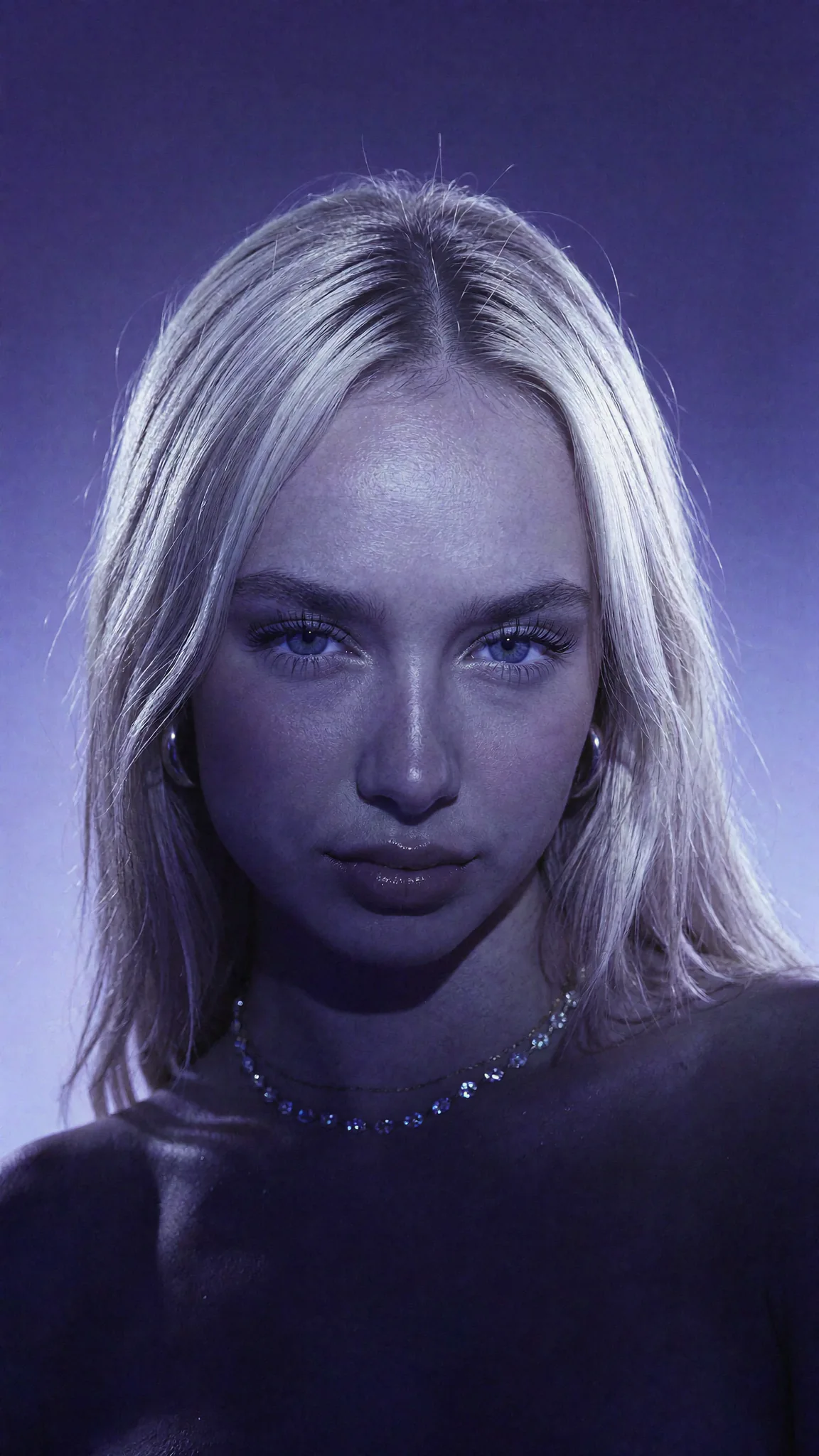 Synthetic creator portrait lit in deep violet tones