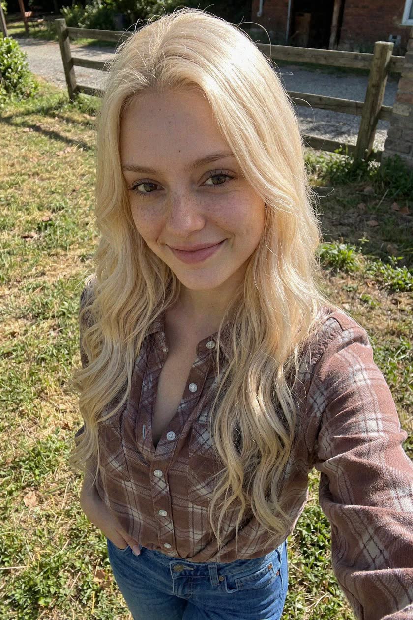 AI-generated persona June — flannel shirt selfie in front of the paddock