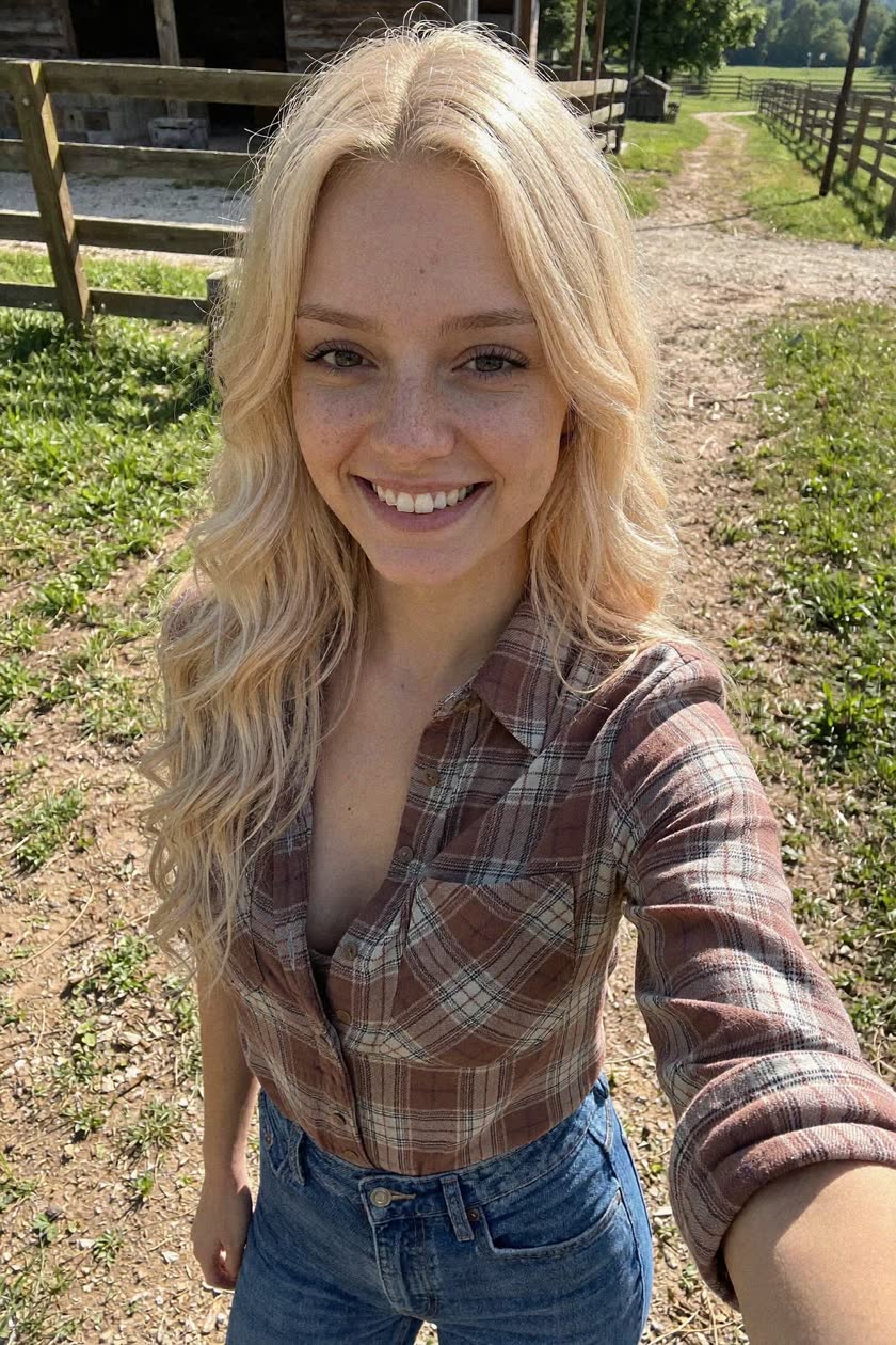 AI-generated persona June — smiling farm-path selfie in the same flannel outfit