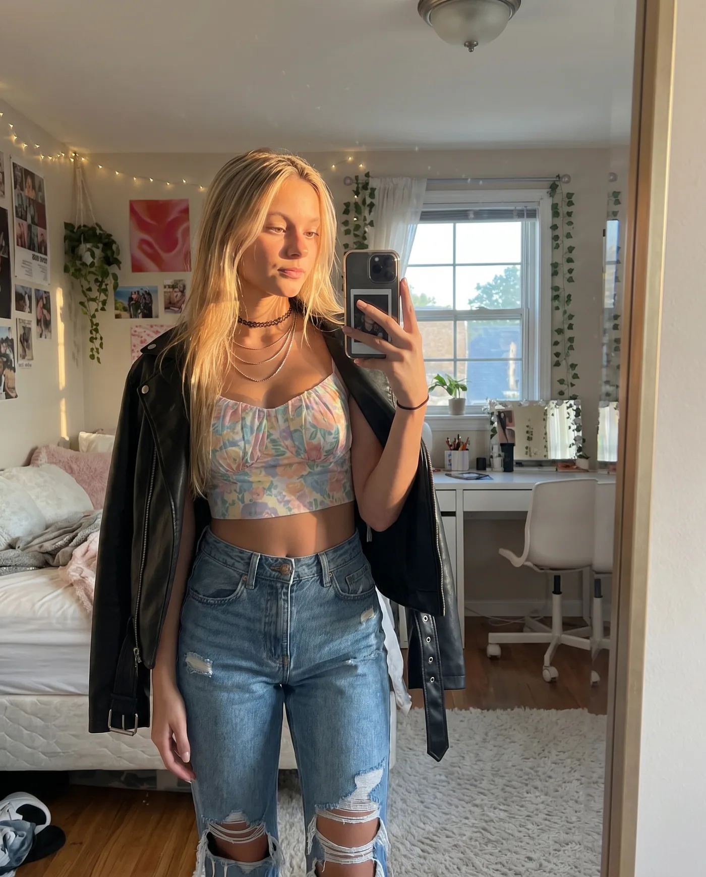 Warm bedroom mirror selfie in layered denim