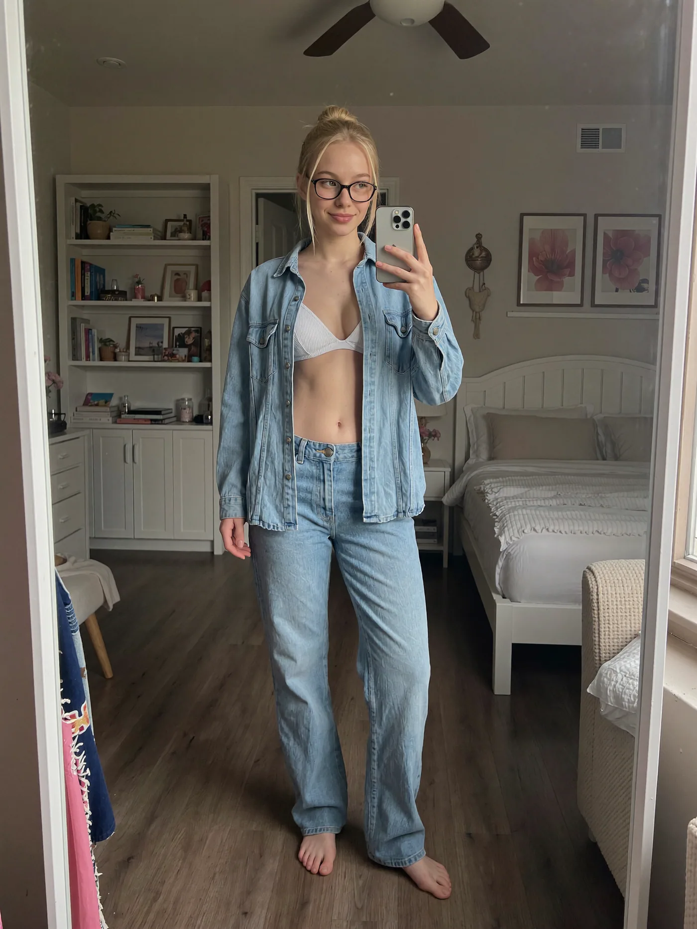 Second full-length bedroom portrait from a consistent creator set