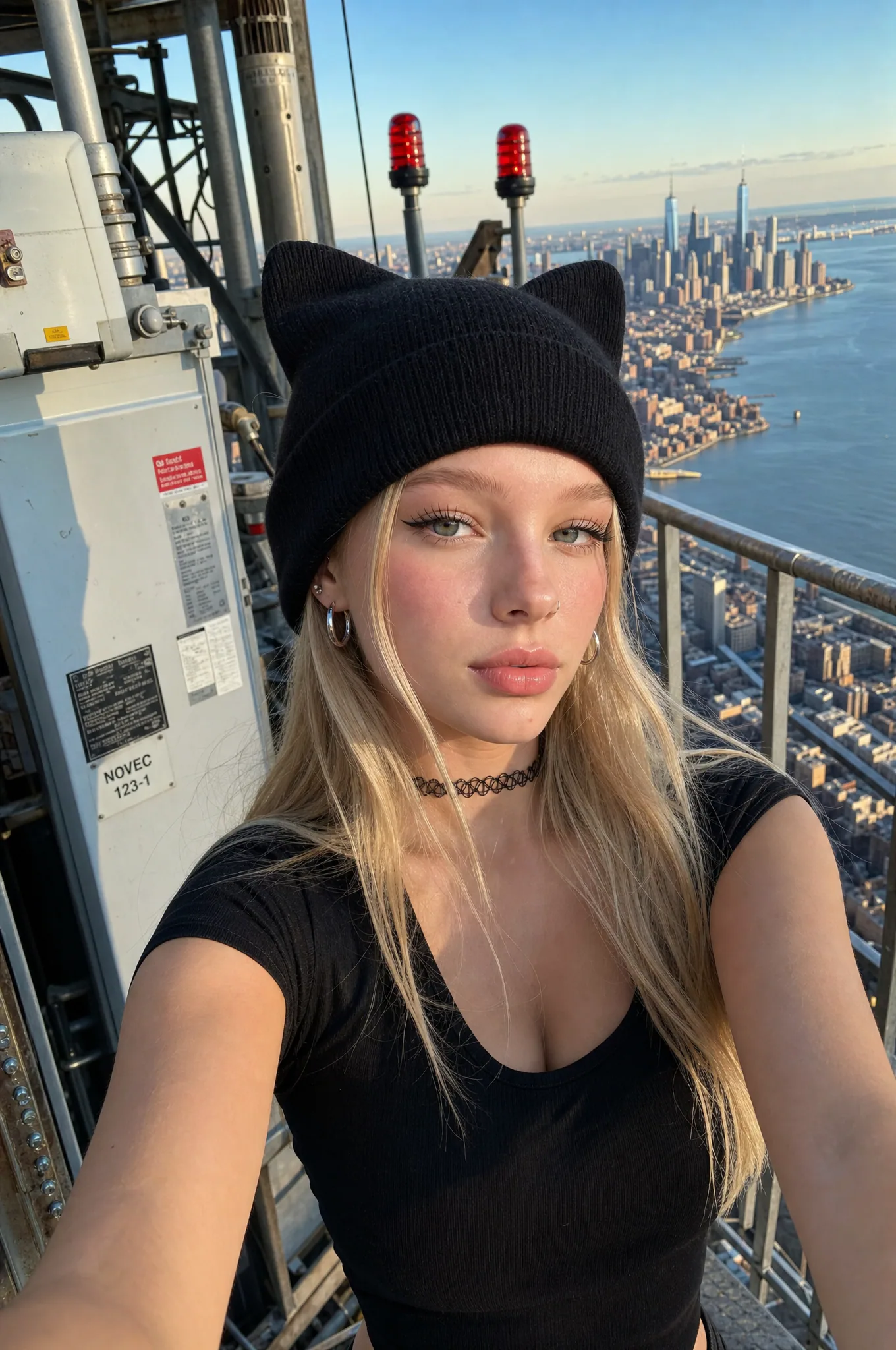Black beanie selfie high above a city skyline