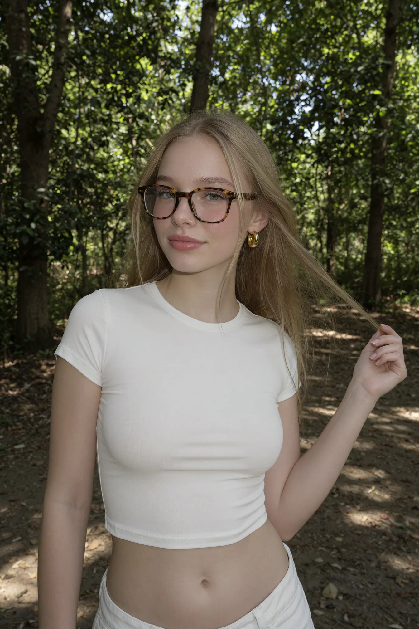Blonde creator in glasses and a white tee beneath a forest canopy