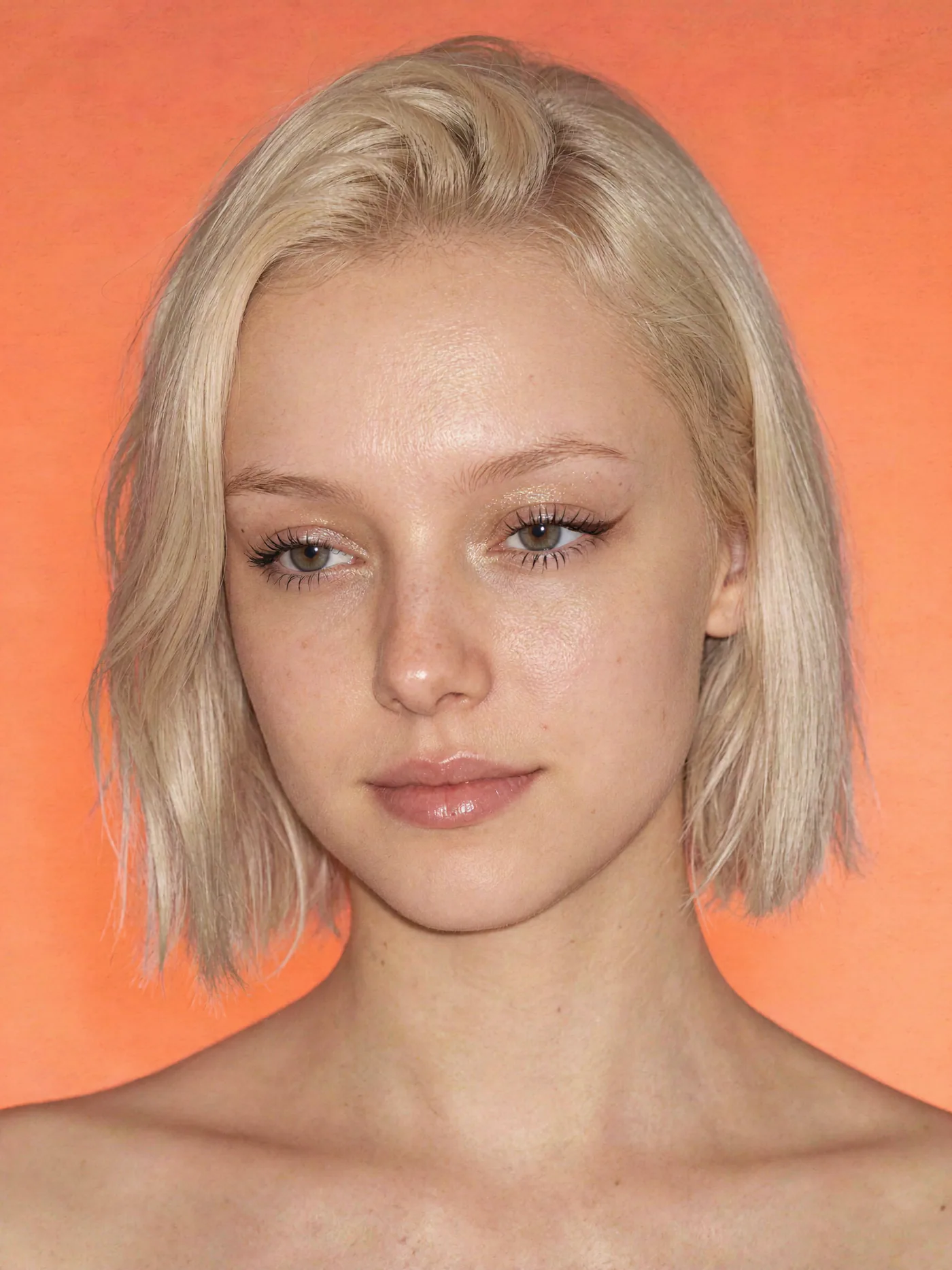 Minimal blonde beauty portrait against a warm orange background