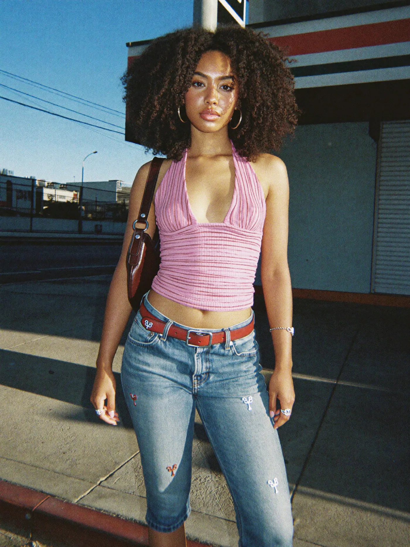 Pink halter top street casting portrait in late afternoon light