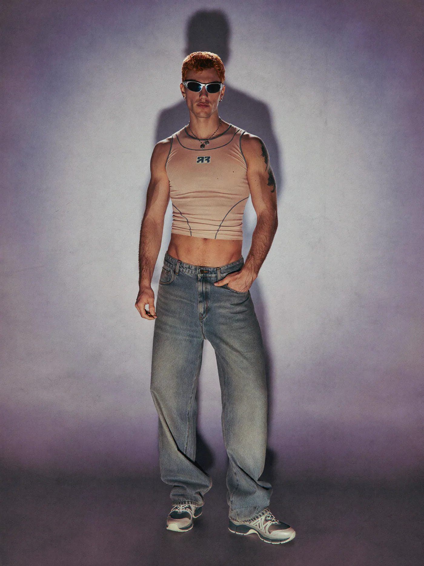 Full-length silver studio fashion look