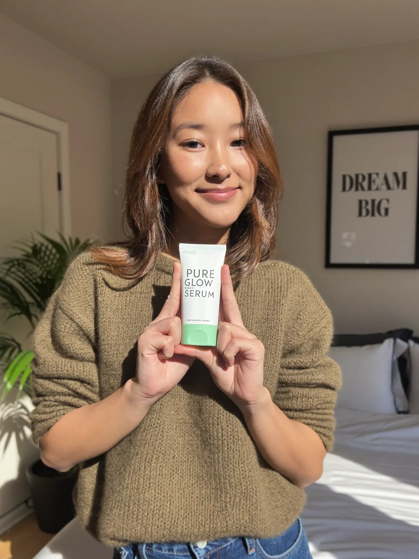 Home-style UGC creator presenting a green skincare product