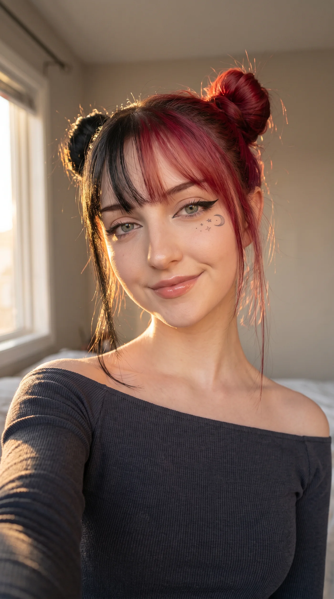 Wide copper-haired beauty portrait in low golden sunlight