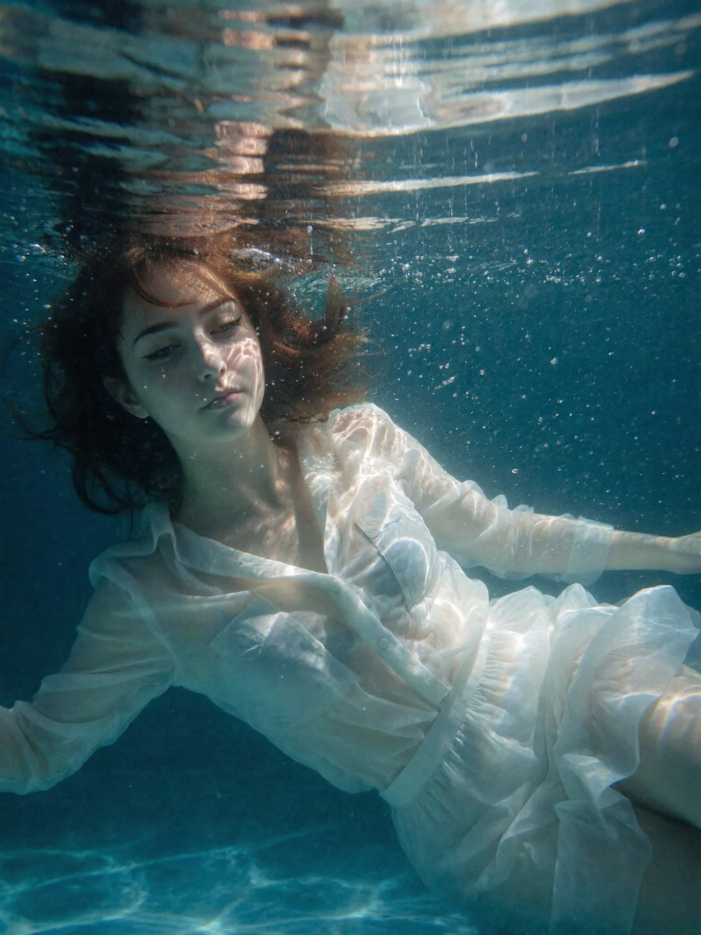 Cinematic underwater fashion portrait in a flowing white dress