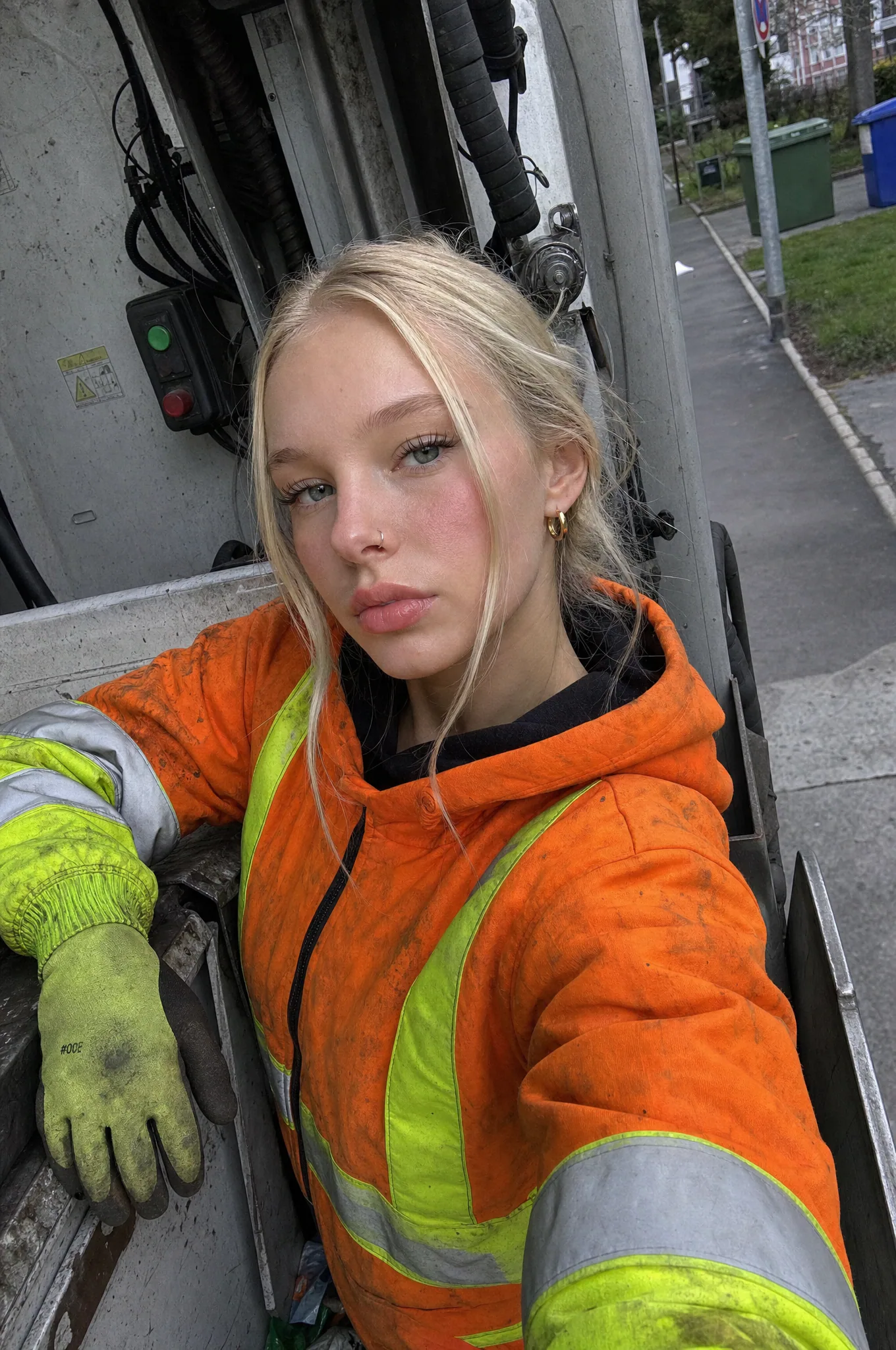 Street selfie in high-visibility utility clothing