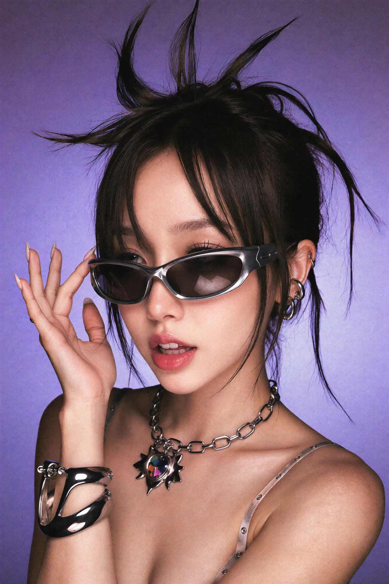 Y2K beauty portrait with sculptural hair and violet backdrop