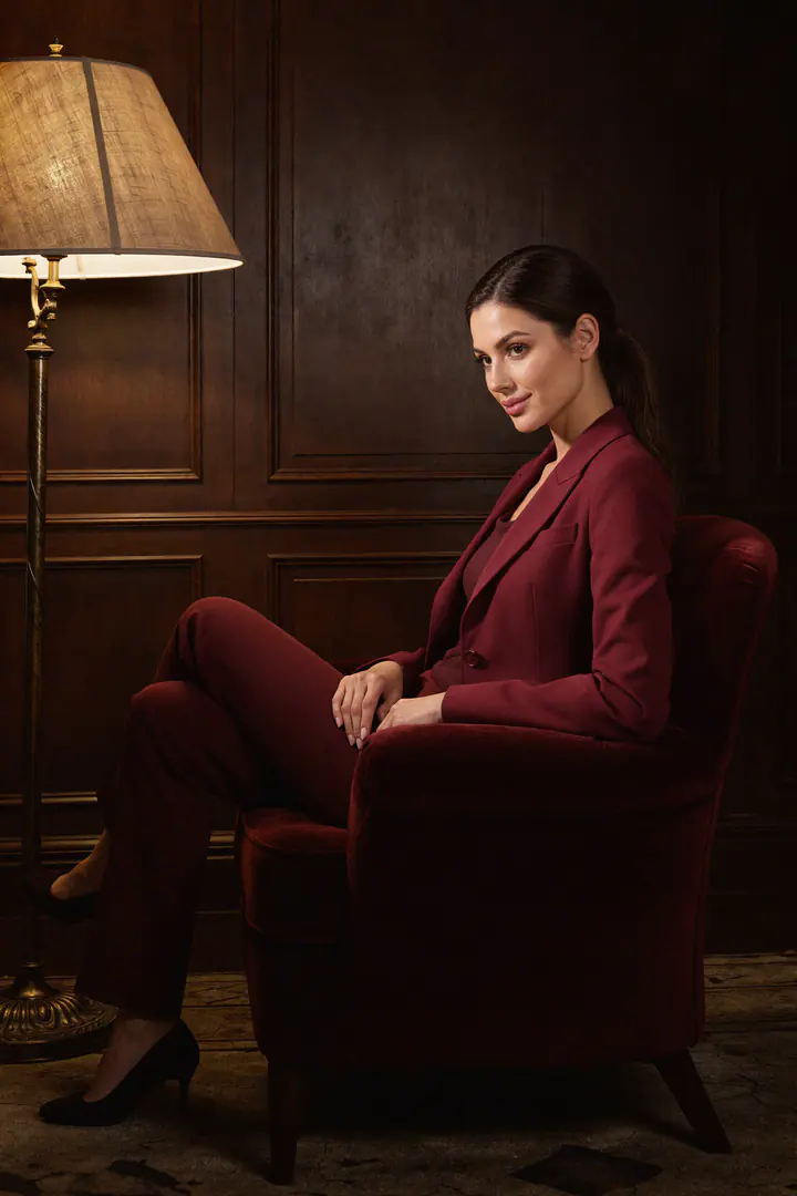AI influencer example generated from the Burgundy suit prompt