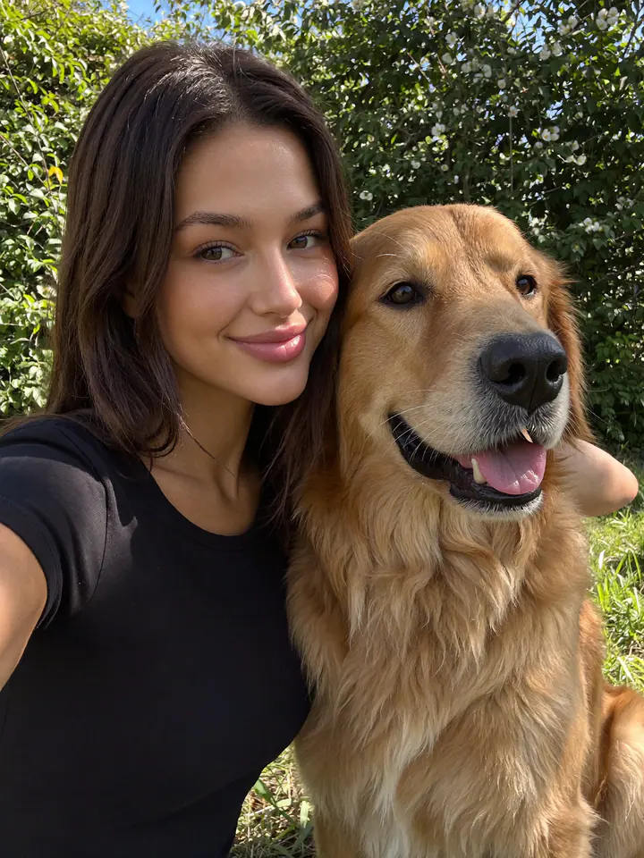 AI influencer example generated from the Selfie with a golden retriever prompt