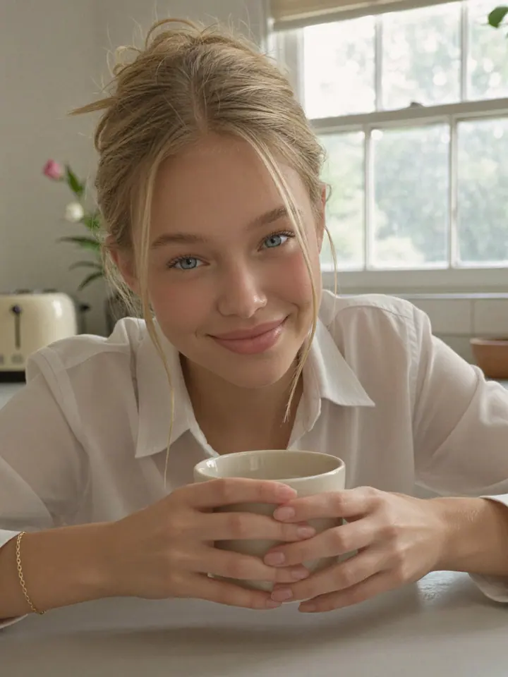 AI influencer example generated from the Kitchen, first coffee prompt